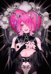 1boy androgynous angel_wings artist_name black_nails black_wings chain collar covered_erect_nipples cross cross-laced_clothes face_piercing fingerless_gloves gloves hair_over_one_eye heart heart_hands highres horns lace latin_cross lip_piercing male_focus mazamuno medium_hair mongrel_(mazamuno) nail_(hardware) nail_art nail_polish original piercing pink_eyes pink_hair pink_nails pubic_tattoo skull tattoo tongue tongue_out tongue_piercing wings