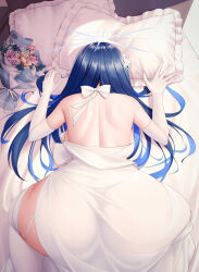 1girl absurdres all_fours ass back blue_archive blue_hair blue_halo bouquet dress elbow_gloves flower from_behind gloves hair_ornament halo highres long_hair niliu_chahui official_alternate_costume on_bed paid_reward_available pillow saori_(blue_archive) saori_(dress)_(blue_archive) solo thighhighs thighs white_dress white_gloves white_thighhighs