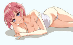 Rule 34 | 1girl, bare arms, bare shoulders, blue eyes, breasts, camisole, cleavage, commentary, feet out of frame, go-toubun no hanayome, grey background, grin, head rest, highres, kibiko (cheeks), looking at viewer, lying, medium breasts, nakano ichika, no pants, on side, panties, pink hair, short hair, smile, solo, strap slip, underwear, white camisole, white panties