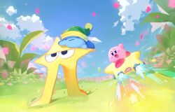 blue_sky closed_eyes closed_mouth cloud crossover day deltarune flower grass hat kirby kirby_(series) kirby_air_ride kirby_air_riders nintendo no_humans open_mouth outdoors petals sky star_(symbol) suyasuyabi the_original_starwalker twitter_username warp_star watermark