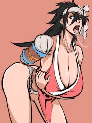 Rule 34 | 1girl, amputee, bandaged head, bandages, bare shoulders, black hair, bleach, breasts, collarbone, female focus, fundoshi, hanging breasts, japanese clothes, large breasts, long hair, open mouth, saliva, shiba kuukaku, simple background, solo, soyuz001, standing, thighs, tongue, tongue out