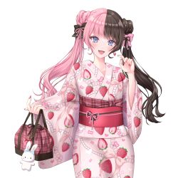 1girl absurdres allymidorikawa bag blush bow brown_bow brown_hair earrings fingernails food_print fruit_print hair_bow highres holding holding_bag japanese_clothes jewelry kimono long_hair long_sleeves looking_at_viewer multicolored_hair nail_polish open_mouth pink_bow pink_hair pink_kimono pink_nails pink_sash plaid_bag plaid_clothes plaid_sash purple_eyes sash simple_background smile solo split-color_hair strawberry_print stuffed_animal stuffed_rabbit stuffed_toy tachibana_hinano twintails two-tone_hair virtual_youtuber vspo! white_background wide_sleeves