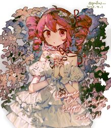 1girl ahoge alternate_costume arm_garter bare_shoulders birthday blush character_name dated dress drill_hair flower hair_flower hair_ornament hair_ribbon hands_up happy_birthday highres interlocked_fingers kasane_teto layered_dress looking_at_viewer neck_ribbon parted_lips pullus red_eyes red_hair red_nails ribbon short_hair solo strapless strapless_dress twin_drills twitter_username upper_body utau white_dress wrist_cuffs