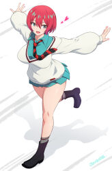 1girl :d amate_yuzuriha aqua_eyes aqua_shirt aqua_skirt artist_name black_boots boots breasts cardigan collared_shirt commentary_request gundam gundam_gquuuuuux hair_between_eyes heart highres joy_ride large_breasts long_hair looking_at_viewer open_mouth outstretched_arms pleated_skirt red_hair shirt short_hair simple_background skirt smile solo standing thighs white_background white_cardigan