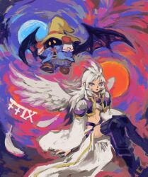 2boys abstract_background absurdres adjusting_clothes adjusting_headwear arm_support bat_wings black_footwear blue_coat blue_eyes boots brown_footwear coat colored_tips commentary expressionless eyeshadow falling_feathers feathered_wings feathers final_fantasy final_fantasy_ix flying full_body gloves grey_hair hands_up hat height_difference high_heel_boots high_heels highres knee_boots kuja makeup male_focus midriff multicolored_hair multiple_boys navel pants puffy_pants red_eyeshadow red_gloves shrug_(clothing) sitting snoozaga striped_clothes striped_pants vertical-striped_clothes vertical-striped_pants vivi_ornitier waist_cape wide_sleeves wings witch_hat yellow_eyes