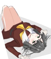 Rule 34 | 1girl, arms up, bare legs, black hair, blunt bangs, blunt ends, blush, bob cut, breasts, brown dress, dress, full body, green eyes, hasu no sora school uniform, highres, knees up, large breasts, link! like! love live!, long sleeves, looking at viewer, love live!, lying, momose ginko, neckerchief, no legwear, on back, parted lips, potu sabu, sailor collar, sailor dress, school uniform, short hair, solo, virtual youtuber, white background, white sailor collar, winter uniform, yellow neckerchief