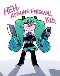 1girl :d aiming aiming_at_viewer aqua_hair asymmetrical_dual_wielding bare_shoulders black_boots black_eyes black_sleeves blue_hair blue_necktie blue_trim boots cleaver collared_shirt commentary cpt_hamburger crossed_arms deformed double-parted_bangs dual_wielding english_commentary english_text evil_grin evil_smile extra_arms finger_on_trigger from_below gradient_hair green_hair grin gun hair_between_eyes handgun hatsune_miku head_arms holding holding_cleaver holding_gun holding_knife holding_own_arm holding_weapon knife legs_apart looking_at_viewer meme miniskirt multicolored_hair necktie nothing_personnel_kid_(meme) open_mouth prehensile_hair shadow shirt shoulder_tattoo sidelocks skirt sleeveless sleeveless_shirt smile solo standing straight-on talking tattoo thigh_boots toon_(style) twintails two-tone_hair v-shaped_eyebrows veins veiny_arms very_big_eyes vocaloid weapon white_background