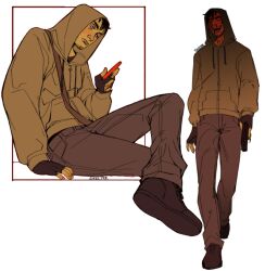 2boys bag black_gloves black_hair blood blood_on_face bloody_tears constricted_pupils crazy_grin crossed_ankles cry_of_fear dual_persona facial_hair fingerless_gloves full_body gloves goatee_stubble gun handgun holding holding_gun holding_phone holding_weapon hood hood_up hoodie multiple_boys phone short_hair shoulder_bag simon_henriksson simon_henriksson_(book) skeltrr slouching stubble walking weapon white_background yellow_hoodie