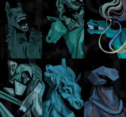 Rule 34 | 6+others, a mysterious figure, abstract, animal ears, black background, disco elysium, garbage bin (horse race tests), highres, horse, horse ears, horse race tests, looking at viewer, multiple others, no humans, onesidedreed, parody, portrait, style parody, teeth