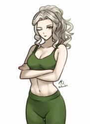 1girl black_lips blonde_hair breasts cleavage commission crop_top crossed_arms fire_emblem fire_emblem_heroes green_pants green_sports_bra highres ko-fi_commission letizia_(fire_emblem) looking_at_viewer medium_breasts navel nintendo one_eye_closed pants red_eyes rotomdocs solo sports_bra yoga_pants