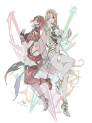 Rule 34 | 2girls, armor, bare legs, bare shoulders, blonde hair, boots, breasts, cleavage, closed mouth, elbow gloves, fingerless gloves, full body, gloves, gold trim, highres, large breasts, legs, long hair, looking at viewer, medium hair, miniskirt, multiple girls, mythra (xenoblade), pleated skirt, pyra (xenoblade), red shorts, ryokuyuu, short shorts, shorts, shoulder armor, skirt, swept bangs, thigh boots, thigh strap, thighhighs, thighs, very long hair, white gloves, xenoblade chronicles (series), xenoblade chronicles 2, zettai ryouiki