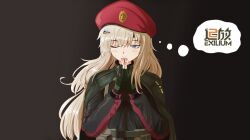 1girl ak-74m ak74m_(girls&#039;_frontline) assault_rifle belt_pouch blonde_hair blue_eyes cloak fingerless_gloves girls&#039;_frontline girls&#039;_frontline_2:_exilium gloves gradient_background green_gloves gun hair_ornament hairpin highres kalashnikov_rifle long_hair one_eye_closed own_hands_clasped own_hands_together pouch praying rifle russian_flag solo speech_bubble thought_bubble user_hshy5347 weapon