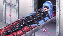 Rule 34 | 1girl, absurdres, arms at sides, bdsm, blindfold, blue hair, blush, breasts, collar, commentary request, flying sweatdrops, gag, highres, immobilization, large breasts, latex, leno^a^, lock, long hair, lying, maid headdress, nervous, on back, original, padlock, padlocked collar, shiny clothes, sleepsack, variant set, very long hair, wiffle gag, zipper