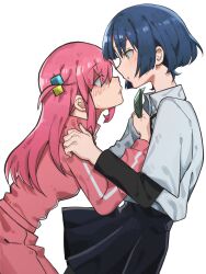 2girls black_skirt blue_eyes blue_hair blush bocchi_the_rock! closed_mouth commentary cube_hair_ornament gotoh_hitori hair_ornament hand_on_another&#039;s_shoulder highres holding holding_leaf jacket layered_sleeves leaf long_hair long_sleeves mole mole_under_eye multiple_girls pants parted_lips pink_hair pink_jacket pink_pants pleated_skirt school_uniform shimokitazawa_high_school_uniform shirt short_hair short_over_long_sleeves short_sleeves simple_background skirt sweatdrop takao_(88499191) white_background white_shirt yamada_ryo yellow_eyes yuri