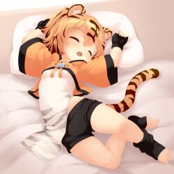 1girl absurdres animal_ears azur_lane black_gloves black_shorts breasts closed_eyes fang fingerless_gloves full_body gloves highres hu_pen_(azur_lane) long_sleeves lying no_lineart open_mouth pelvic_curtain pillow shoboimu short_shorts shorts skin_fang sleeping small_breasts solo tail tiger_ears tiger_girl tiger_tail toes
