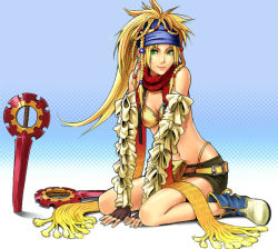 Rule 34 | 00s, 1girl, bare shoulders, belt, bikini, blonde hair, boots, braid, detached sleeves, female focus, final fantasy, final fantasy x, final fantasy x-2, fingerless gloves, full body, gloves, green eyes, halftone, halftone background, headband, long hair, miniskirt, p (pixiv2073901), panties, rikku (ff10), scarf, sitting, skirt, solo, swimsuit, thong, underwear
