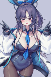 1girl alternate_costume alternate_hairstyle animal_ear_hairband animal_ears bare_shoulders black_gloves black_hairband black_pantyhose blue_archive blue_leotard blue_necktie blush breasts cleavage detached_collar double_v fake_animal_ears gloves hairband highres jacket large_breasts leotard long_hair looking_at_viewer metaljelly necktie open_mouth pantyhose parted_bangs playboy_bunny purple_eyes purple_hair rabbit_ear_hairband rabbit_ears sidelocks solo thigh_gap v white_jacket yuuka_(blue_archive)