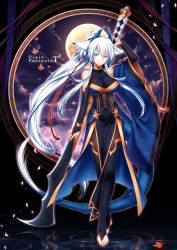 Rule 34 | 1girl, animal ears, barefoot, bridal gauntlets, elbow gloves, feet, female focus, gloves, heterochromia, highres, horns, jewelry, konshin, long hair, low-tied long hair, orie hakua, pixiv fantasia, pixiv fantasia t, solo, sword, tail, toe ring, toeless legwear, toes, very long hair, weapon, white hair