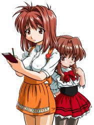 00s 2girls anna_miller bandabekken blush bow breasts bronze_parrot brown_hair child clipboard covered_erect_nipples crossover frown kawai_rie kisaten large_breasts look-alike lovers_(game) morino_ichigo multiple_girls onegai_teacher orange_skirt pantyhose pen red_eyes short_hair skirt waitress