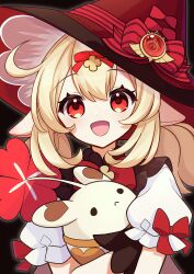 1girl absurdres ahoge black_background blonde_hair bow clover_hair_ornament genshin_impact hair_ornament hair_ribbon hat hat_ribbon heart highres holding jumpy_dumpty klee_(blossoming_starlight)_(genshin_impact) klee_(genshin_impact) mutumumu official_alternate_costume open_mouth pointy_ears puffy_short_sleeves puffy_sleeves red_bow red_eyes red_hat ribbon short_sleeves simple_background smile solo striped_ribbon twintails upper_body vision_(genshin_impact) witch_hat