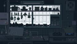 air_conditioner animated animated_gif bottle butcher_knife counter cutting_board dripping grey_sky hand_pump indoors kettle kitchen kitchen_knife leaking lowres muted_color no_humans original pixel_art pot roomscape sky snow spatula spoon stove toyoi_yuuta water window