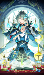 1boy absurdres anaxa_(honkai:_star_rail) black_gloves blue_eyes blue_fire book bug butterfly curtains detached_sleeves eyepatch feet_out_of_frame fire flask gloves gold_trim green_hair green_jacket highres honkai:_star_rail honkai_(series) hush_(xoxo_hush) insect jacket jewelry long_hair looking_down male_focus multicolored_eyes multiple_rings open_book partially_fingerless_gloves pink_eyes ponytail ring round-bottom_flask sefirot serious solo two-tone_eyes