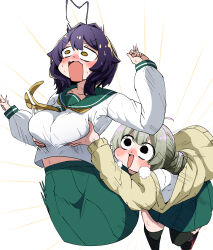 2girls absurdres ahoge araga_kiwi black_thighhighs blush breasts caseee999 collar commentary crazy_eyes flustered grabbing_another&#039;s_breast green_collar green_hair green_skirt groping hair_bun highres hiiragi_utena jacket large_breasts mahou_shoujo_ni_akogarete multiple_girls navel neckerchief open_mouth purple_hair school_uniform serafuku shirt skirt surprised sweat thighhighs very_low_bun white_serafuku white_shirt yellow_eyes yellow_neckerchief yuri
