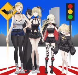 Rule 34 | 1boy, 4girls, absurdres, ahoge, animal print, araragi koyomi, bare shoulders, bat print, black hair, black pantyhose, black shorts, black skirt, black sweater, blonde hair, blue shorts, breasts, closed eyes, cross, cross necklace, full body, grin, hair over one eye, highres, jewelry, kiss-shot acerola-orion heart-under-blade, large breasts, long hair, looking at another, looking at viewer, medium breasts, midriff, monogatari (series), multiple girls, multiple persona, navel, necklace, oshino shinobu, pantyhose, ponytail, red lips, seductive smile, shoes, short shorts, shorts, sidelocks, skirt, smile, sweater, tabulagami, thighhighs, torn clothes, torn thighhighs, traffic light, v, white shoes