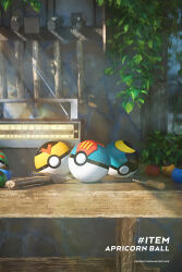 3d absurdres apricorn celebi350300687 chisel day friend_ball hammer highres level_ball lure_ball moon_ball nintendo no_humans object_focus plant poke_ball pokemon radio sunlight
