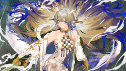 1girl arknights bare_shoulders bead_necklace beads blonde_hair breasts brooch closed_mouth collarbone dragon_girl dragon_horns dragon_tail earrings eastern_dragon_horns eastern_dragon_tail flag_(99199861) green_eyes hair_between_eyes holding holding_sword holding_weapon horns jewelry long_hair looking_at_viewer medium_breasts necklace pointy_ears shirt shu_(arknights) strapless strapless_shirt sword tail tassel tassel_earrings tube_top weapon white_tube_top