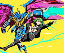 Rule 34 | absurdres, armor, bikini, black bikini, black boots, black jacket, black shorts, blue armor, boots, digimon, digimon (creature), digimon world re:digitize, dragon, glowing, glowing eyes, green hair, highres, hood, hood up, hooded jacket, jacket, multicolored bikini, open clothes, open jacket, pink wings, pointing, red eyes, setsu (knint ), short hair, shorts, simple background, swimsuit, two-tone bikini, ulforcev-dramon, white bikini, wings, yellow background