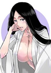 1girl absurdres anno_im black_hair bleach bleach:_sennen_kessen-hen breasts collarbone commentary_request grey_eyes highres large_breasts long_hair mature_female oval_background parted_lips purple_background robe scar scar_on_chest solo spoilers unohana_retsu very_long_hair white_background white_robe