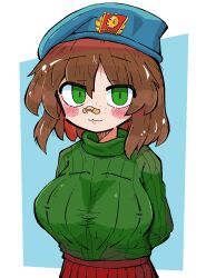 1girl :3 aqua_hat arms_behind_back bandaid bandaid_on_face bandaid_on_nose beret blue_background blush border breasts brown_hair commentary communism freckles green_eyes green_sweater hat hat_pin hatching_(texture) highres jaggy_lines kasia_(peripeteia) large_breasts linear_hatching looking_at_viewer medium_hair outside_border peripeteia pleated_skirt red_flag red_skirt russian_text skirt slit_pupils solo soviet sweater turtleneck turtleneck_sweater two-tone_background upper_body vinni_puh vladimir_lenin white_border