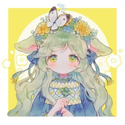 1girl animal_ears blue_flower blue_ribbon blue_shirt blush border bug butterfly butterfly_on_head closed_mouth clover commentary conago eyelashes flower flower_wreath four-leaf_clover green_eyes green_hair hair_ribbon head_wreath holding holding_clover insect long_hair long_sleeves original ribbon sheep_ears shirt signature tareme upper_body white_border yellow_background yellow_flower