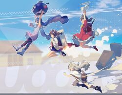 4girls ahoge ankle_boots backpack bag black_boots black_hair black_pantyhose blue_hair blue_skirt boots bow bowtie braid brown_hair brown_socks commentary_request dashing dress eel_hat flying footwear_bow frilled_dress frills from_side grey_boots grey_dress grey_hair half_up_braid hat headgear highres japanese_clothes kaai_yuki kimono kiritanpo_(food) kizuna_akari kizuna_akari_(tsubomi) leg_ribbon mary_janes mortarboard multiple_girls nintendo okobo otomachi_una otomachi_una_(talkex) pantyhose platform_sandals pleated_skirt poke_ball poke_ball_(basic) pokemon randoseru red-framed_eyewear red_dress red_ribbon red_shoes ribbon running sandals shirinda_fureiru shoes short_kimono short_sleeves shoulder_bag skirt socks sparkle_hair_ornament tabi touhoku_kiritan trash_can voiceroid white_kimono white_socks yellow_bow yellow_bowtie