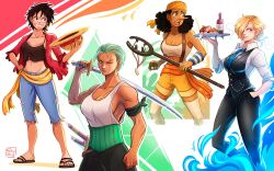 Rule 34 | 4girls, absurdres, afro, arm at side, artist logo, bandana, bare arms, bare shoulders, big hair, black hair, black pants, black vest, blonde hair, blue fire, bottle, breasts, brown lips, buttons, camisole, cigarette, cleavage, closed mouth, collarbone, collared shirt, commentary, cowboy shot, cropped legs, curly eyebrows, dark-skinned female, dark skin, earrings, english commentary, facial scar, feet out of frame, fire, flip-flops, food, full body, furrowed brow, genderswap, genderswap (mtf), green hair, grin, hair over one eye, hand in pocket, hand on own hip, hand up, hat, highres, holding, holding sword, holding tray, holding unworn clothes, holding unworn hat, holding weapon, jewelry, katana, large breasts, legs apart, logo, long bangs, long nose, looking at viewer, looking to the side, medium breasts, medium hair, midriff, monkey d. luffy, mouth hold, multiple girls, navel, necktie, one eye closed, one piece, open clothes, open mouth, open shirt, pants, parted lips, pocket, red shirt, roronoa zoro, sandals, sanji (one piece), scar, scar across eye, scar on cheek, scar on chest, scar on face, scared, shirt, short hair, short shorts, shorts, shuravf, sideboob, smile, smoking, standing, stitches, stomach, straw hat, suspenders, sword, tank top, tearing up, thighhighs, toes, toned, toned female, torn clothes, tray, unbuttoned, unworn hat, unworn headwear, usopp, vest, weapon, white shirt, wing collar