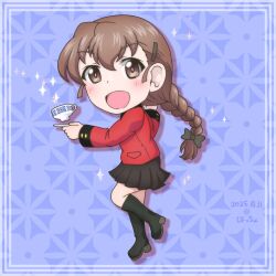 Rule 34 | 1girl, absurdres, black boots, black ribbon, black skirt, blue background, blush, boots, braid, brown eyes, brown hair, chibi, cup, from side, girls und panzer, hair ornament, hair ribbon, hairpin, highres, holding, holding tray, jacket, long braid, long hair, looking at viewer, miniskirt, oekaki baccho, open mouth, patterned background, pleated skirt, red jacket, ribbon, rukuriri (girls und panzer), single braid, skirt, st. gloriana&#039;s military uniform, teacup, tray
