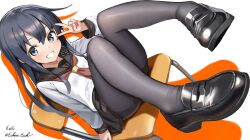 1girl akatsuki_(kancolle) akatsuki_kai_ni_(kancolle) artist_name black_hair black_pantyhose black_sailor_collar black_shoes black_skirt chair commentary_request eckert&amp;eich grey_eyes grin highres kantai_collection loafers long_hair long_sleeves neckerchief pantyhose red_neckerchief sailor_collar shirt shoes skirt smile solo thighband_pantyhose twitter_username v white_shirt
