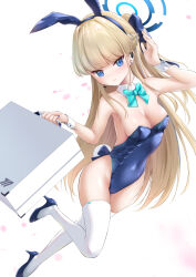 Rule 34 | 1girl, animal ear hairband, animal ears, aqua bow, aqua bowtie, back bow, bare shoulders, blonde hair, blue archive, blue bow, blue eyes, blue hair, blue hairband, blue halo, blue leotard, blue shoes, blush, bow, bowtie, braid, breasts, c.u.wa, cleavage, closed mouth, commentary, covered navel, detached collar, dutch angle, fake animal ears, fake tail, fighting stance, full body, groin, hair bow, hairband, half up braid, halo, hands up, high heels, highleg, highleg leotard, highres, holding, holding suitcase, leotard, long hair, looking at viewer, medium breasts, millennium science school logo, multicolored hair, official alternate costume, official alternate hairstyle, paid reward available, playboy bunny, rabbit ears, rabbit tail, serious, shoes, sidelocks, simple background, solo, standing, standing on one leg, straight hair, strapless, strapless leotard, streaked hair, suitcase, tail, thighhighs, thighs, toki (blue archive), toki (bunny) (blue archive), v-shaped eyebrows, very long hair, white background, white thighhighs, white wrist cuffs, wrist cuffs