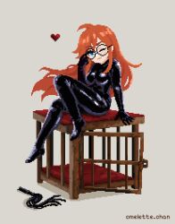 absurdres bodysuit cage freckles glasses gloves highres latex latex_bodysuit latex_gloves omelette_chan pixel_art red_hair siri_jay