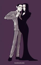 1boy 1girl addams_family black_dress black_hair bow bowtie couple dress facial_hair formal_clothes gomez_addams half-closed_eyes hetero highres holding_hands ka_ji long_dress long_hair looking_at_another morticia_addams mustache purple_background short_hair smile striped_suit suit