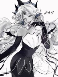 1girl black_pearl_cookie cookie_run cookie_run:_kingdom fins forehead_jewel gem head_fins highres long_hair mermaid miao057307 monster_girl pearl_(gemstone) slit_pupils solo very_long_hair white_hair