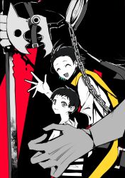 2boys black_hair closed_eyes closed_mouth highres male_focus mochizuki_ryouji mole mole_under_eye multiple_boys open_mouth persona persona_3 pharos scarf short_hair smile teketeke_(tasutekete) thanatos_(persona) waving yellow_scarf