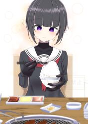 1girl absurdres black_hair blunt_bangs bowl chopsticks commentary_request commission eating gloves head_tilt highres holding holding_chopsticks idolmaster idolmaster_cinderella_girls long_sleeves motodouryou neckerchief purple_eyes rice rice_bowl school_uniform serafuku shirayuki_chiyo short_hair skeb_commission solo table turtleneck watermark