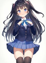 1girl absurdres black_hair black_thighhighs blazer blue_bow blue_bowtie blue_eyes blush bow bowtie hair_ornament hair_scrunchie highres jacket long_hair long_sleeves looking_at_viewer ochinsama original panties pantyshot plaid_bow plaid_bowtie plaid_clothes scrunchie shirt simple_background smile solo thighhighs twintails underwear white_background white_panties white_shirt
