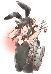 Rule 34 | 1girl, adapted costume, animal ears, arms up, black eyes, black hair, black leotard, black pantyhose, blue eyes, blue ribbon, bow, commentary request, covered navel, cowboy shot, detached collar, fake animal ears, female focus, fubuki (kancolle), fubuki kai ni (kancolle), heart lock (kantai collection), highres, kantai collection, karasu (naoshow357), leotard, long hair, looking at viewer, low ponytail, machinery, neck ribbon, pantyhose, playboy bunny, ponytail, rabbit ears, rabbit girl, rabbit pose, ribbon, school uniform, serafuku, short ponytail, sidelocks, smokestack, solo, standing, strapless, strapless leotard, wrist cuffs