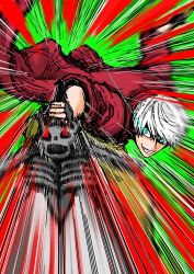 1boy afterimage black_gloves blue_eyes coat commentary_request dante_(devil_may_cry) devil_may_cry devil_may_cry_(series) devil_may_cry_3 eikenkobayashi emphasis_lines fingerless_gloves gloves green_background green_pants grin highres holding holding_sword holding_weapon incoming_attack male_focus motion_lines pants parted_lips rebellion_(sword) red_coat short_hair simple_background smile smirk solo speed_lines sword teeth weapon white_hair