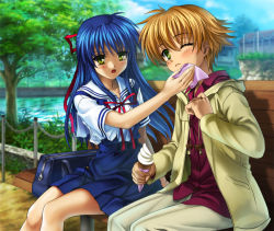 Rule 34 | 00s, blue hair, clannad, food, ice cream, long hair, mutsuki (moonknives), sagara misae, school uniform, shima katsuki, sitting, wink