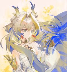 Rule 34 | 1girl, aqua eyes, arknights, bare shoulders, beads, blonde hair, blue hair, closed mouth, colored extremities, commentary, dragon girl, dragon horns, english commentary, hair between eyes, hair intakes, highres, horns, jacket, jewelry, light smile, long hair, long sleeves, multicolored hair, necklace, off shoulder, shibazu (shiiiiibaman), shu (arknights), solo, strapless, tube top, upper body, white hair, white jacket, white tube top