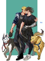 2boys absurdres animal animal_collar animal_ears animal_nose aqua_background artist_name black_fur black_pants black_shirt black_shoes blonde_hair blue_collar blue_eyes blue_jacket border brown_hair bucky_barnes captain_america:_the_winter_soldier captain_america_(series) claws closed_eyes closed_mouth collar commentary_request dog dog_ears dog_tail facial_hair fingernails full_body highres holding holding_leash husky jacket karmaho kiss korean_commentary leash male_focus marvel marvel_cinematic_universe multiple_boys open_clothes open_jacket outside_border pants pet prosthesis prosthetic_arm red_collar shirt shoes short_hair simple_background sleeves_rolled_up smile star_(symbol) star_print steve_rogers t-shirt tail teeth white_border white_fur white_sneakers yaoi yellow_dog yellow_fur